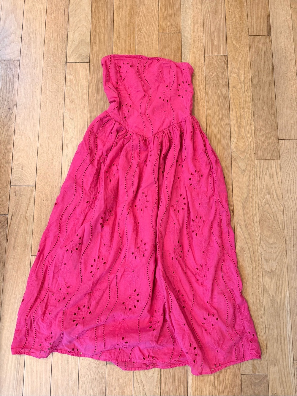Strapless Eyelet Midi Dress - Hot Pink